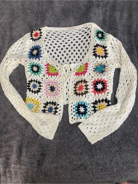 debut White Open-Knit Granny Square Crochet Sweater S